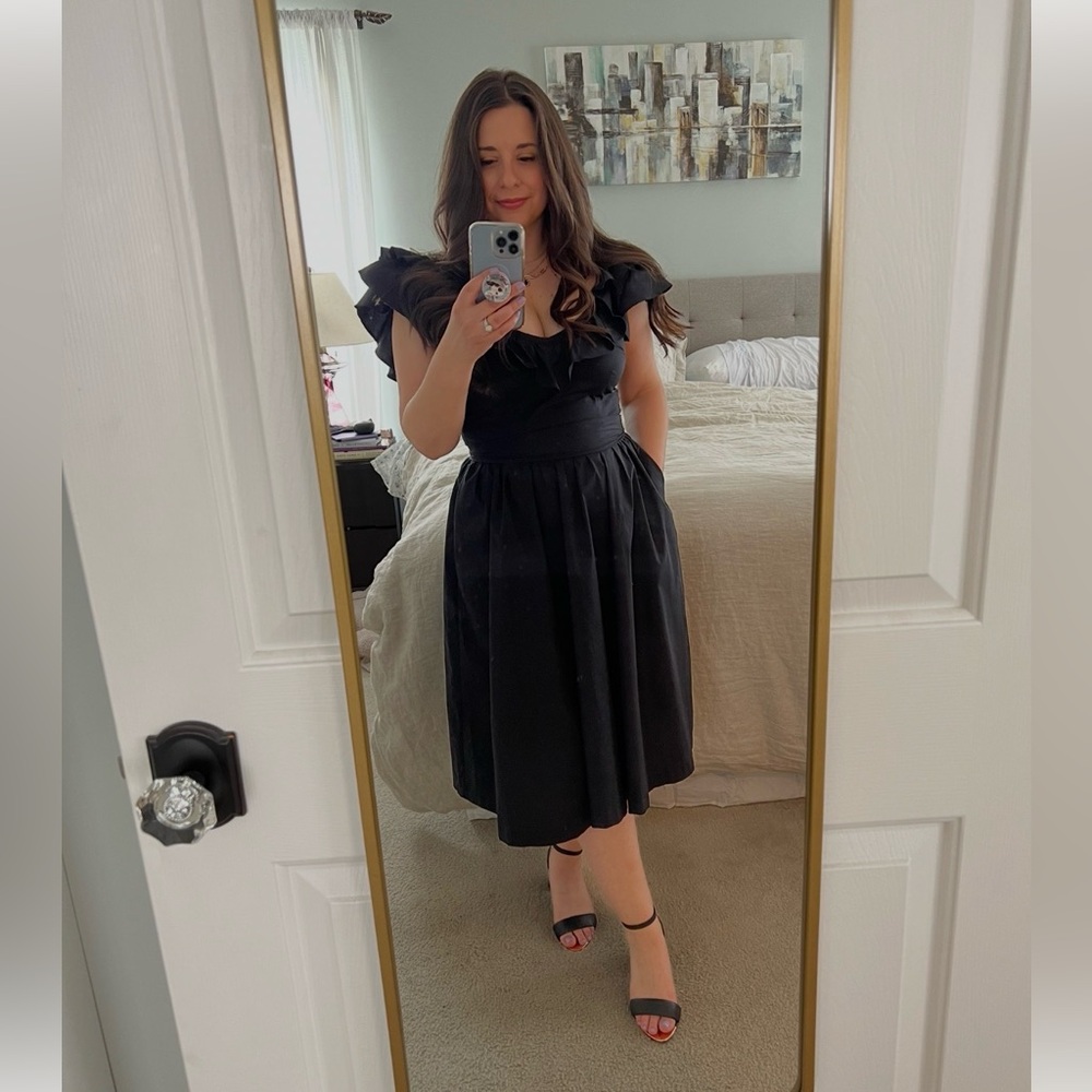 Hill House Ava Nap Dress in Black Cotton Poplin Midi Ruffle Sleeve Smocked Back - Picture 2 of 7